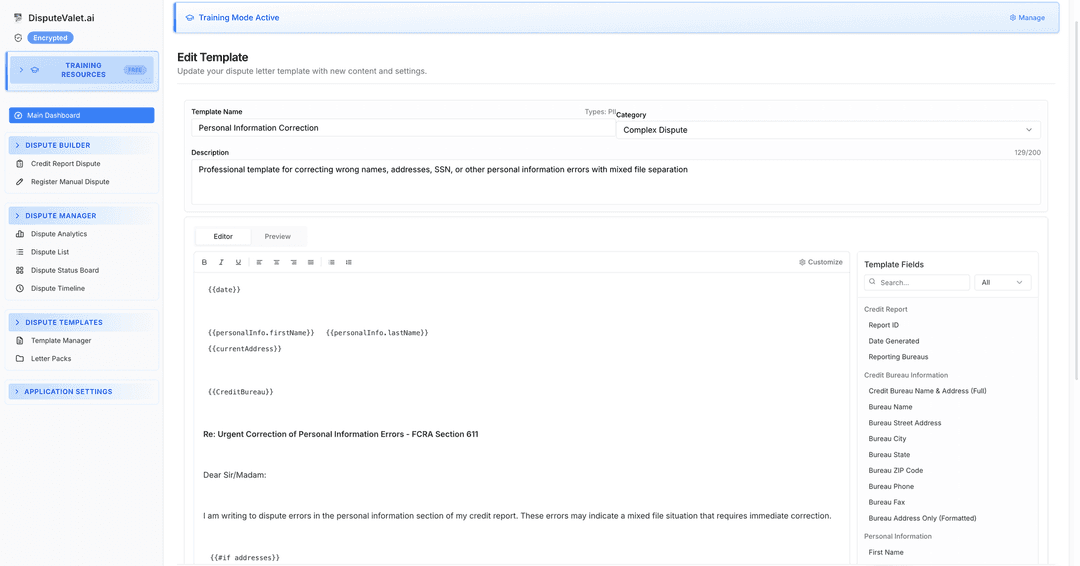 Professional rich text editor for dispute letters